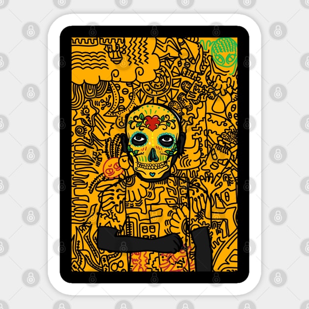 Mysterious Doodle Art - Mexican Male with Dark Eyes and Gray Item Sticker by Hashed Art